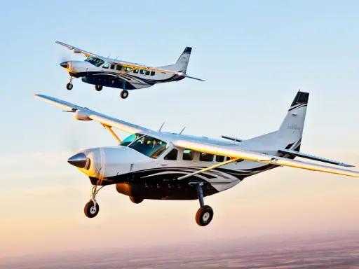 Zwei Cessna Grand Caravan Flugzeuge fliegen im Sonnenuntergang.