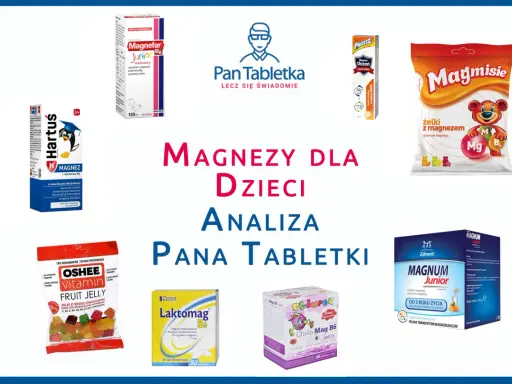 Zestawienie produktów z magnezem dla dzieci: żelki, syropy, tabletki. Magnez wspiera koncentrację i rozwój.