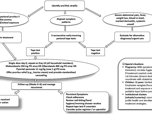 Diagramma di flusso per la diagnosi e il trattamento degli ossiuri. Include test, terapie e gestione dei casi speciali, utile per il test ossiuri in farmacia.