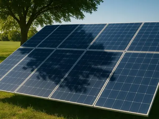 Solceller på en grön äng, med en stor trädskugga som faller över panelerna.