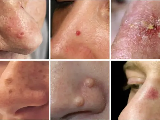 Six gros plans de nez montrant diverses affections cutanées : un bouton qui ne part pas, une rougeur, des croûtes, des taches, des excroissances et des vaisseaux sanguins dilatés.