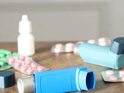 Dwa niebieskie inhalatory i opakowania leków, w tym zielone kapsułki i różowe tabletki. To zestaw na astmę, czyli oxodil combo.