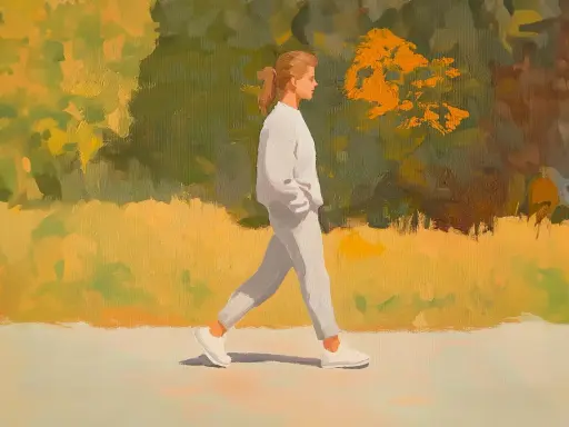 En kvinna i vita kläder promenerar i en park med höstfärger. En stund av aktiv vila i naturen.