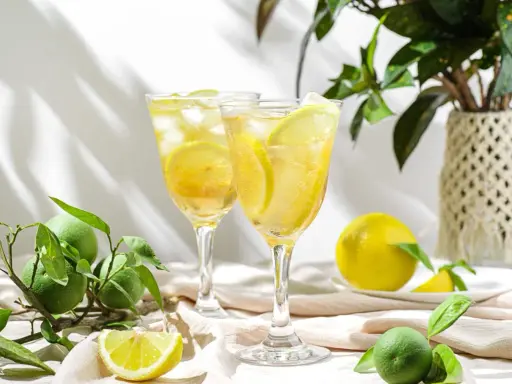 Dwa orzeźwiające drinki z lodem i plasterkami cytryny, idealne na upalne dni. Obok leżą świeże cytryny i zielone owoce.