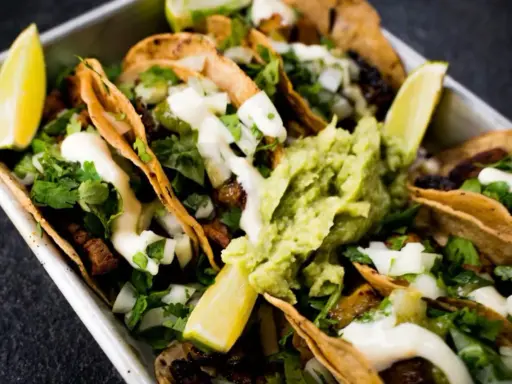 Saftige Tacos al Pastor mit Guacamole, Koriander und Limettenspalten.