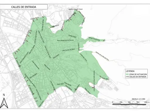 Mapa de Granada que muestra las calles de entrada y la zona de actuación. Se puede entrar al centro de Granada en coche por varias vías principales.