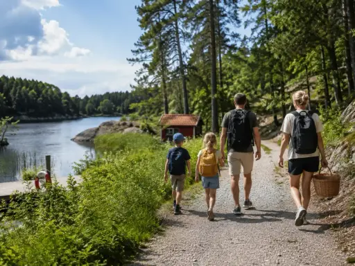 Familj på utflykt Stockholm, vandrar längs en sjö med ryggsäckar och picknickkorg.