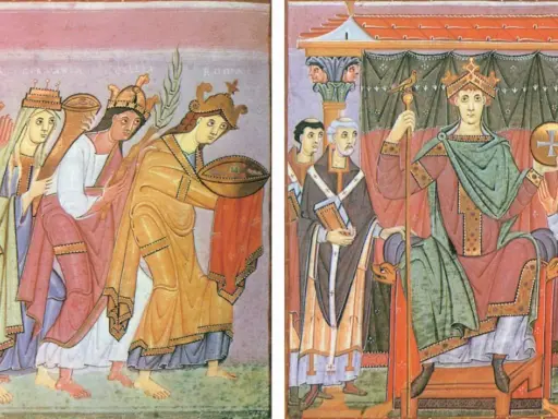Darstellung der Herrschaft im Mittelalter: Eine Prozession von Frauen mit Kronen und Gaben nähert sich einem Thron, auf dem ein König mit Krone und Reichsapfel sitzt.
