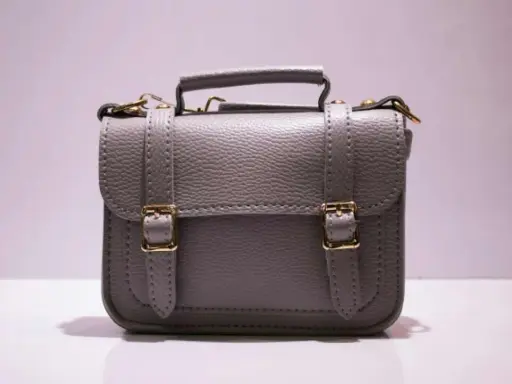 Graue Handtasche mit goldenen Schnallen und Griff. Perfekt, um Ihre wichtigsten Dinge zu handtasche organisieren.