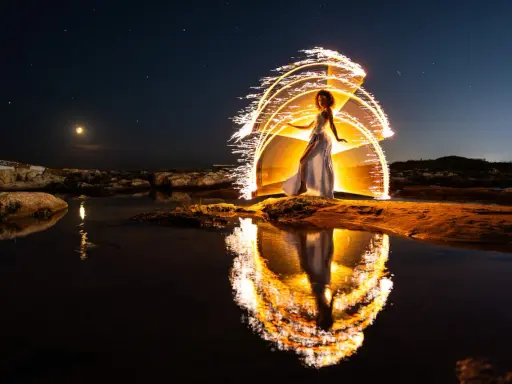 Une femme en robe blanche danse sous un ciel étoilé, entourée d'un halo de lumière incandescente, comme un **verre soleil** reflété dans l'eau.