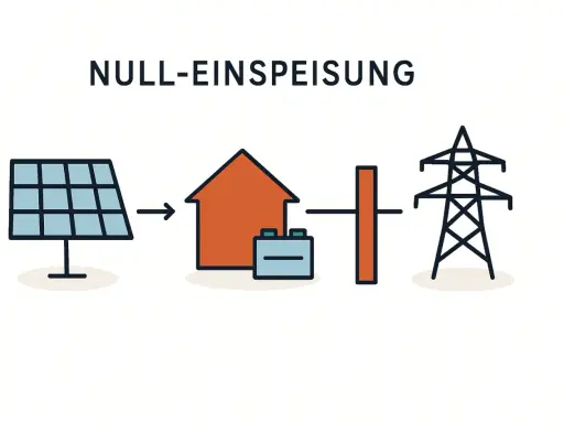 Schema zeigt PV-Anlage, Haus mit Speicher und Strommast. Ziel: PV-Nulleinspeisung, also kein Strom ins Netz.