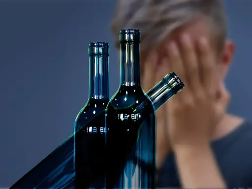 Trzy butelki alkoholu na pierwszym planie, w tle osoba zakrywająca twarz. Symbol walki z nałogiem, nadzieja na odwyk alkoholowy.