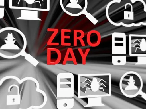 Rote Schriftzüge "ZERO DAY" vor einem Hintergrund mit Cyber-Symbolen wie Lupe, Hacker, Computer und offenes Schloss. Ein zero day exploit ist hier das Thema.
