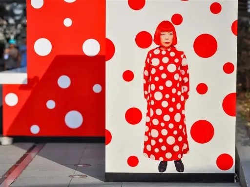 A woman in a red and white polka dot dress stands amidst Yayoi Kusama patterns.