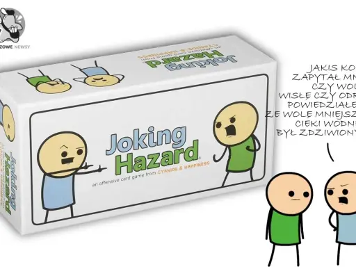 Pudełko gry Joking Hazard. Dwóch bohaterów z gry rozmawia, jeden opowiada żartobliwie o wyborze między Wisłą a Odrą.