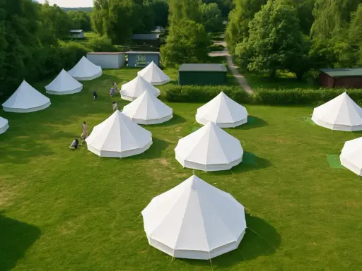 Wioska namiotów typu bell, idealna na glamping. Kilka osób spaceruje po zielonej trawie między białymi, stożkowymi konstrukcjami.
