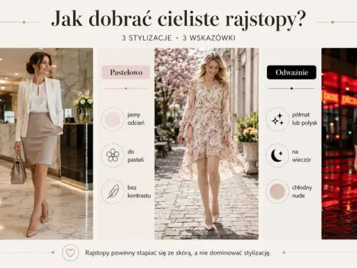 Elegancka stylizacja z rajstopami 15-20 DEN w odcieniu naturalny nude. Idealne do biura i na co dzień.