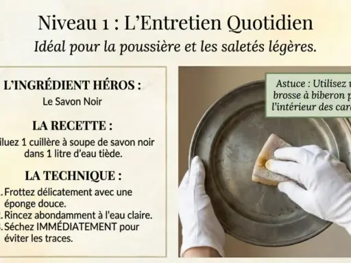 Main tenant une éponge pour faire briller de l'étain, avec des instructions pour nettoyer.