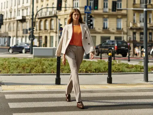 Elegancka kobieta w beżowych stylizacjach zimowych przechodzi przez pasy. Jasny płaszcz narzucony na pomarańczową bluzkę i spodnie w prążki tworzą szykowny miejski look.