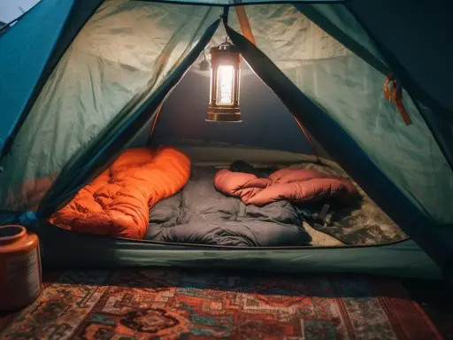 Wnętrze namiotu gotowe do spania. Dwa śpiwory, pomarańczowy i brązowy, czekają na noc. Lampion rzuca ciepłe światło.