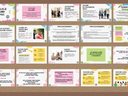 Grafika przedstawia kolaż slajdów z poradami dotyczącymi szacunku i dobrych relacji w szkole.
