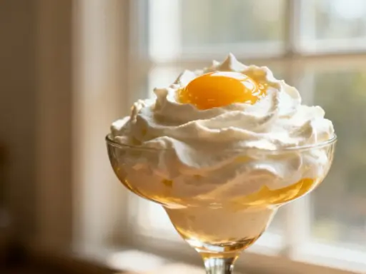 Dessert crémeux avec chantilly mascarpone aérienne et une touche de jaune d'œuf. Parfait pour conserver la fraîcheur.