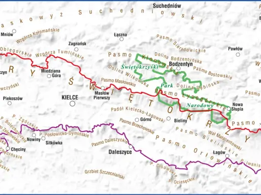 Mapa turystyczna z zaznaczonym szlakiem świętokrzyskim, prowadzącym przez Pasmo Łysogórskie, Bodzentyn i Kielce.
