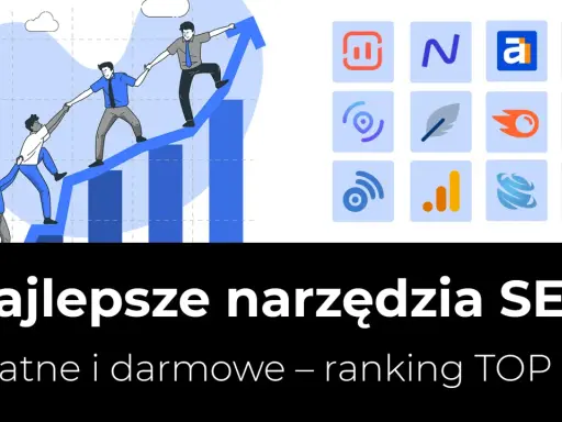 Zespół wspina się po wykresie, symbolizując sukces dzięki najlepszym narzędziom SEO. Ikony reprezentują różne funkcje.