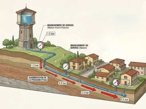 Schéma montrant la distribution d'eau. La pression de l'eau à la maison varie, passant de 1.2 bar près du château d'eau à 6.5 bar plus loin.