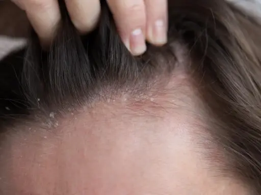 Une main soulève des mèches de cheveux, révélant des pellicules sur le cuir chevelu. Une pellicule enfant peut être une préoccupation pour les parents.