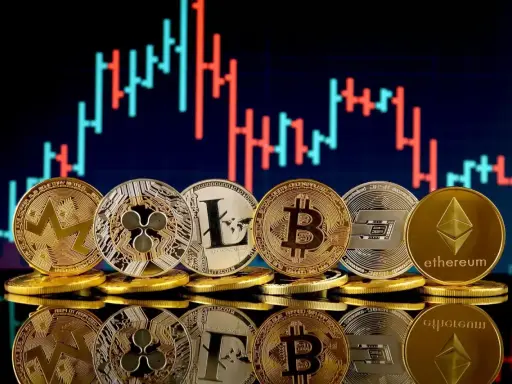 Monety kryptowalut: Bitcoin, Ethereum, Litecoin, Ripple i inne na tle wykresu świecowego. Giełdy krypto w pigułce.