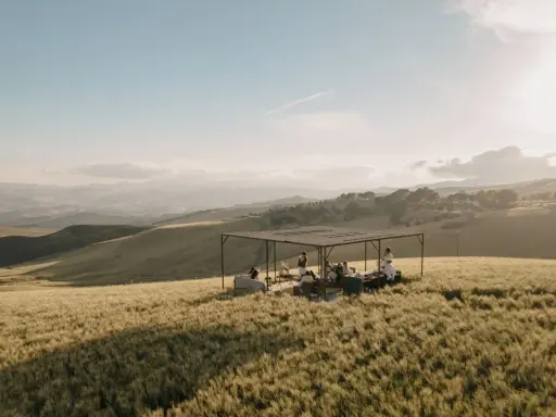 Un gruppo di persone si riunisce sotto una tettoia in un campo di grano dorato, godendosi la tipica bellezza siciliana al tramonto.
