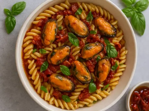 Pasta fusilli con mejillones y salsa de tomate casera, decorada con hojas de albahaca fresca. Un plato delicioso y lleno de sabor.