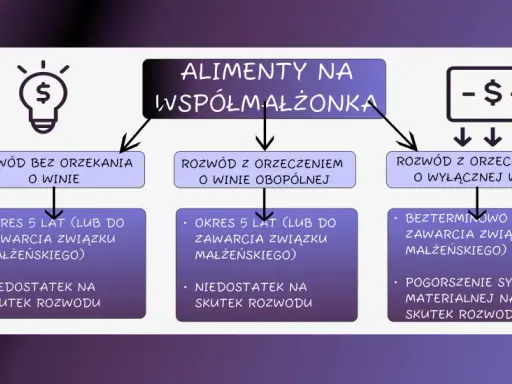 Schemat pokazuje, jak uniknąć płacenia alimentów na byłą żonę w zależności od typu rozwodu i sytuacji materialnej.
