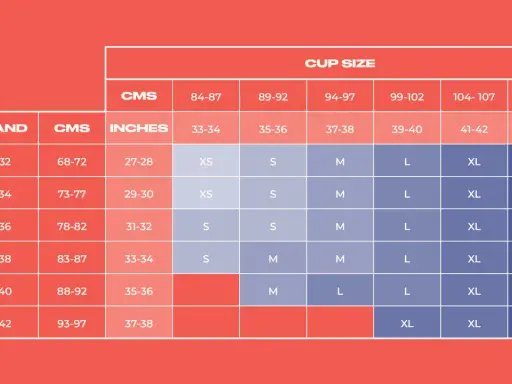Bra size chart showing band sizes (32-42) and cup sizes (XS-XXL) with corresponding measurements in CMS and inches.