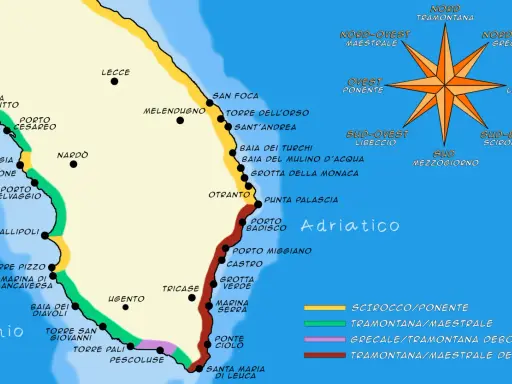 Mappa del Salento con le coste ionica e adriatica, evidenziando località e venti. Un viaggio ideale nel Salento mare.
