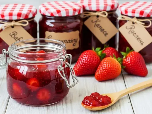 Bocaux de confiture de fraise faits maison, avec des fraises fraîches et une cuillère remplie de confiture.