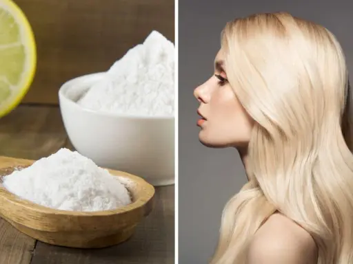 Bicarbonato in ciotola e cucchiaio, accanto a una donna con capelli biondi luminosi. Un rimedio naturale per la cura dei capelli.