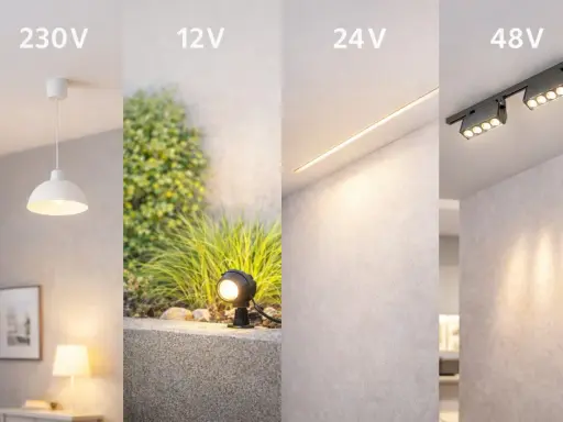 Różne rodzaje oświetlenia: lampa wisząca 230V, ogrodowa 12V, liniowa 24V i reflektory 48V. Różne napięcie znamionowe, różne zastosowania.
