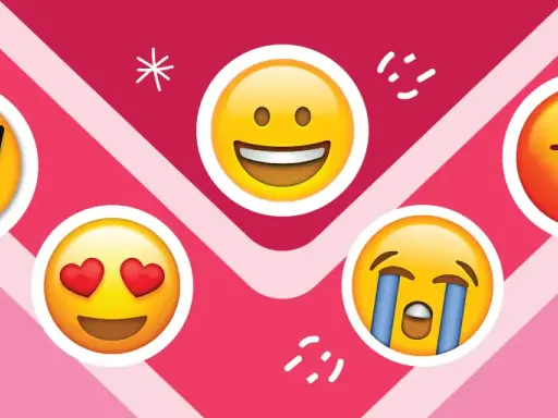 Emojis representan el ciclo menstrual fases emocionales: feliz, enamorado, llorando, enfadado y cool.