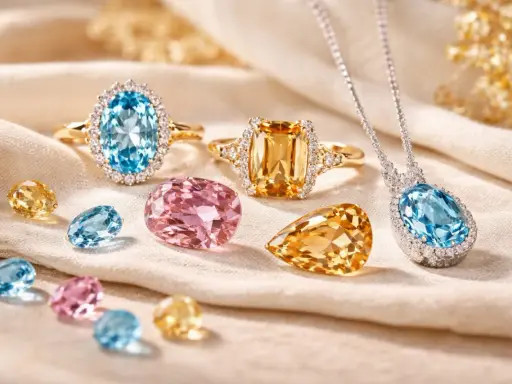 Gioielli con pietre preziose: anelli con topazio pietra blu e giallo, un pendente con topazio pietra blu e gemme rosa.