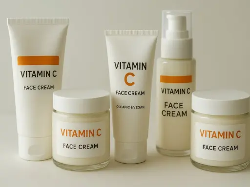 Fem förpackningar med ansiktskräm, alla märkta med "Vitamin C". En flaska med pump och burkar samt tuber. Perfekt för att ge huden en dos c vitamin sol.
