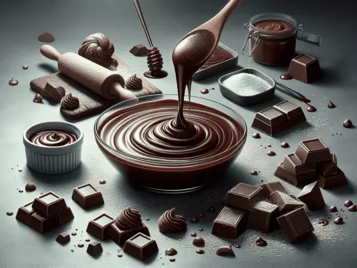 Une cuillère en bois verse une sauce chocolat onctueuse dans un bol en verre. Des carrés de chocolat, du sucre et un rouleau à pâtisserie complètent cette scène gourmande.