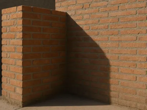 Esquina de un muro medianero entre vecinos, construido con ladrillos de color terracota y cemento gris. Una sombra diagonal cruza la pared.
