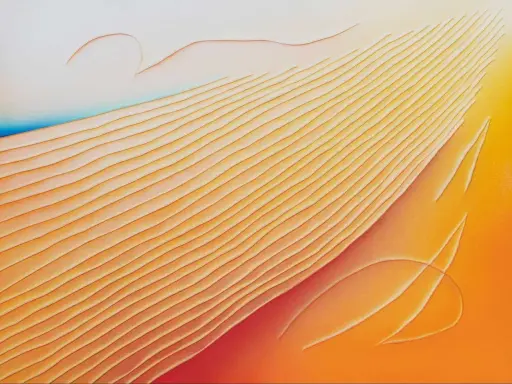 Abstract Gutai art with flowing orange and yellow lines, evoking sand dunes or rippling water.
