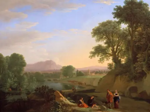 Idyllische renaissance landschaftsmalerei mit Figuren, die am Flussufer rasten, Pferde auf einem Feld und eine Stadt in der Ferne.