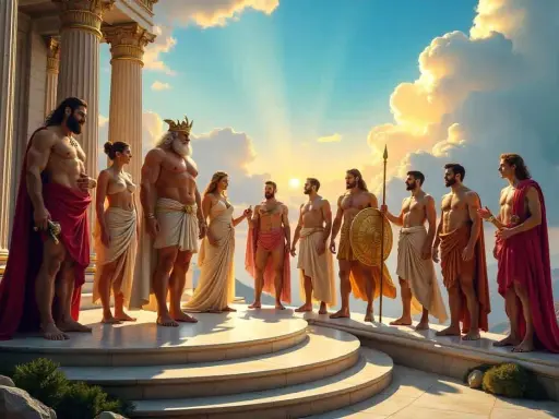 Götter und Helden der Antike versammeln sich vor einem Tempel im goldenen Licht der aufgehenden Sonne.