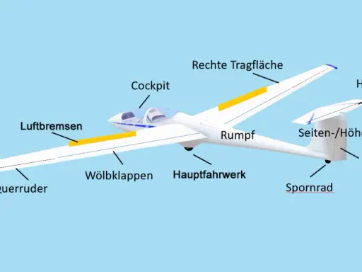 Ein Segelflugzeug mit beschrifteten Teilen wie Cockpit, Tragflächen und Leitwerk. Ideal für alle, die ein Segelflugzeug selber bauen möchten.
