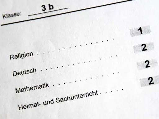 Zeugnis der Klasse 3b mit Noten für Religion (1), Deutsch (2), Mathematik (2) und Heimat- und Sachunterricht (2). Der **Erwartungshorizont** für die nächste Klasse ist hoch.