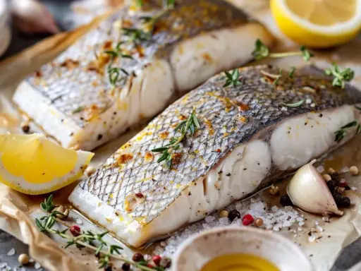 Deux filets de loup de mer cuits, parsemés d'herbes et de poivre, avec des quartiers de citron, de l'ail et de l'huile d'olive.
